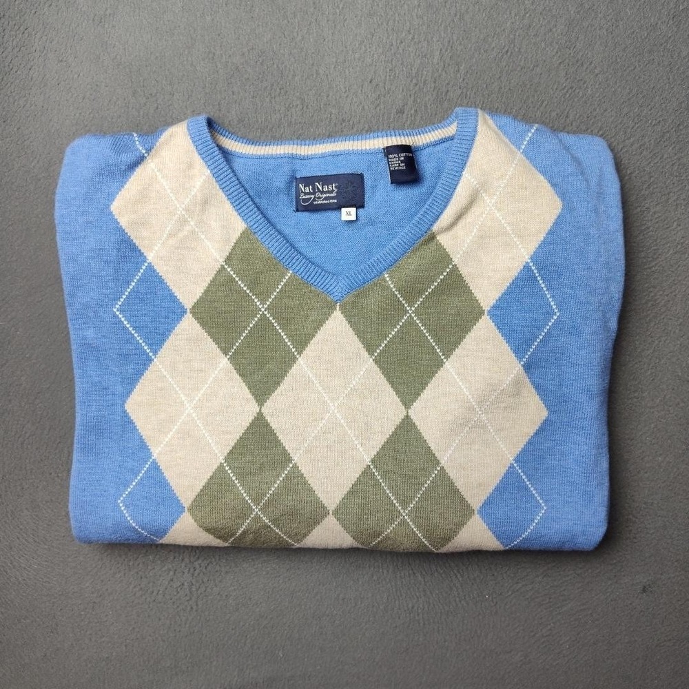 Nat Nast Sweater Mens XL Blue Argyle V Neck Luxury Originals Pullover Knit Work